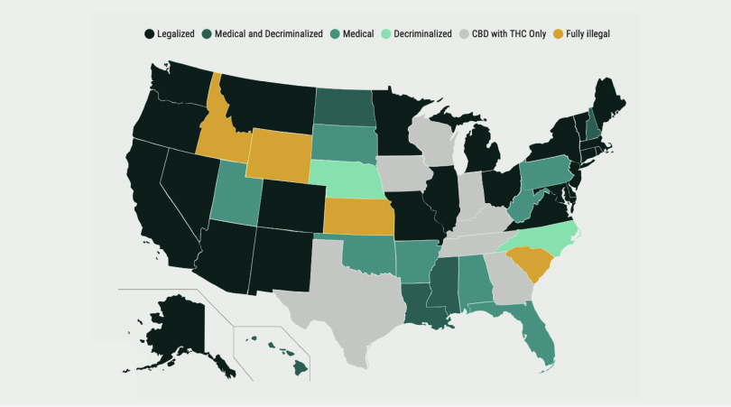 Map of US states with THC legal status.