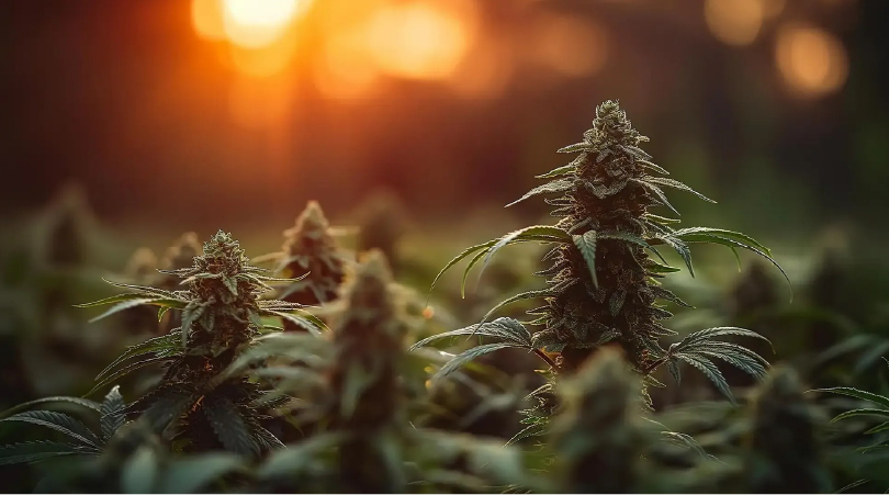 Close-up of mature cannabis plants in a field at sunset, highlighting resinous buds and fan leaves—illustrating the natural source of cannabinoids, terpenes, and flavonoids.